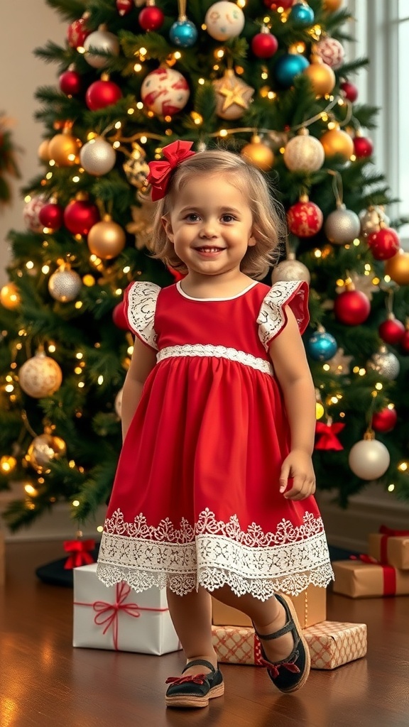 A happy toddler in a red Christmas dress with lace, in front of a decorated Christmas tree.